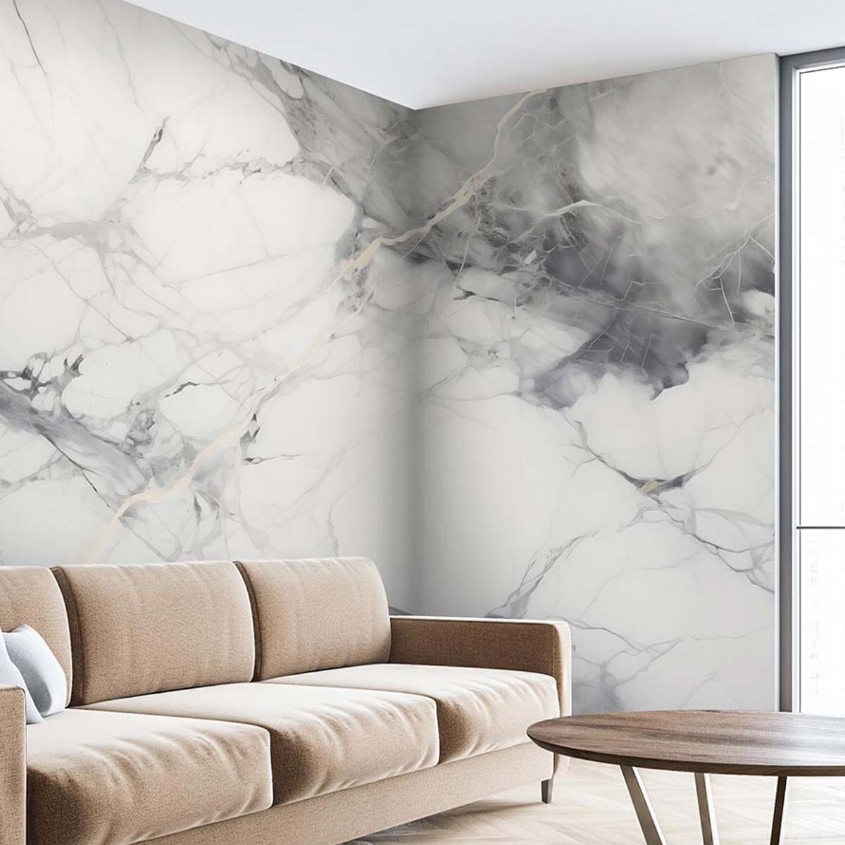 Пример разряженного интерьера в стиле минимализм. Отделка стены - флизелиновые фотообои VEROL. Артикул на WB: 238900144.