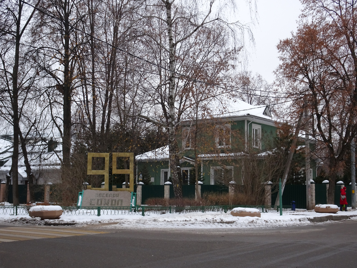 Вьездной знак с названием поселка на углу улиц Поленова и Сурикова