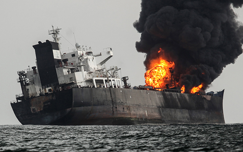    The fuel tanker Burgos continues to burn a day after it erupted in flames off the coast of the port city of Boca del Rio, Mexico, Sunday Sept. 25, 2016. Firefighting boats were battling the blaze aboard the Burgos, which is owned by state oil company Petroleos Mexicanos, or Pemex. Pemex said in a statement Sunday that a team of international experts in putting out fires and transferring fuel has arrived to assist. (AP Photo/Felix Marquez)