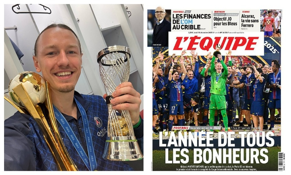    Голкипер «ПСЖ» Матвей Сафонов опубликовал в своих соцсетях фото с Межконтинентальным кубком и призом лучшему игроку матча. Фото: Коллаж соцсети Матвея Сафонова