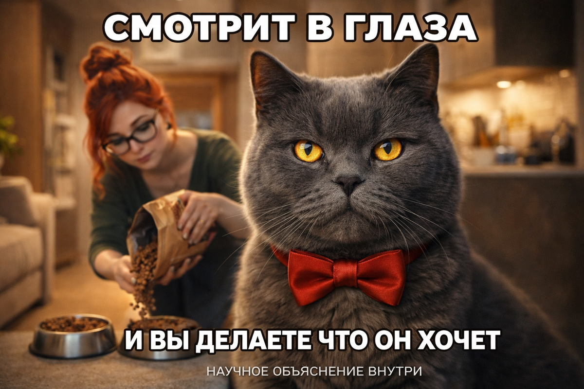 Иллюстрация создана автором с помощью нейросети специально для статьи
"Пушистый психолог демонстрирует древнее искусство межвидового убеждения: один взгляд = мгновенное подчинение человека"