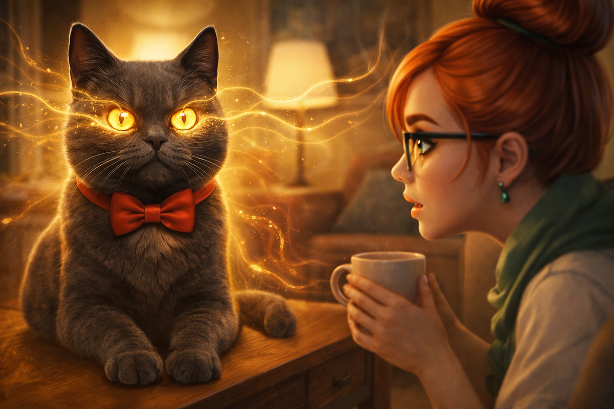 Иллюстрация создана автором с помощью нейросети специально для статьи
"Пушистый мастер психологии демонстрирует древнее искусство межвидового убеждения: как заставить человека выполнить любое желание одним взглядом"