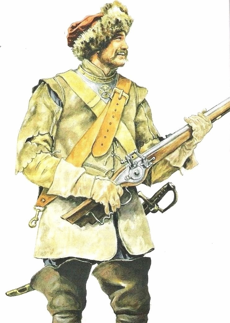 Польский драгун XVII века (в отличие от драгун рейтары носили кирасы и рейтарское шлемы). Художник Марек Шишко.