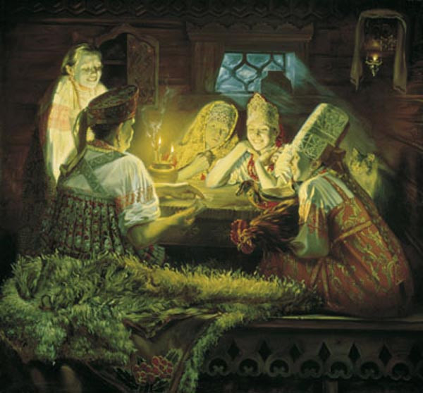 Вот так девушки на руси собирались гадать на Святки: садились за стол, зажигали свечи и заглядывали в будущее