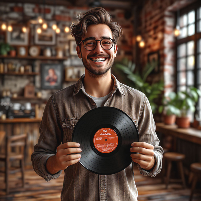 Счастливый заказчик со своей песней на грампластинке