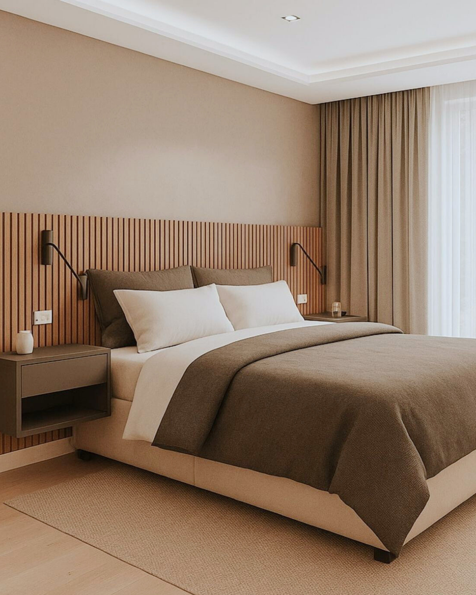 Пример интерьера спальни в стиле сканди. Отделка стены у изголовья кровати - стеновые акустические панели VEROL. Артикул на WB: 390603709.