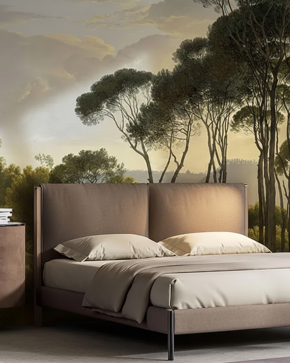 Пример интерьера спальни в классическом стиле. Акцентная отделка стены - флизелиновые обои VEROL. Артикул на WB: 120281256.