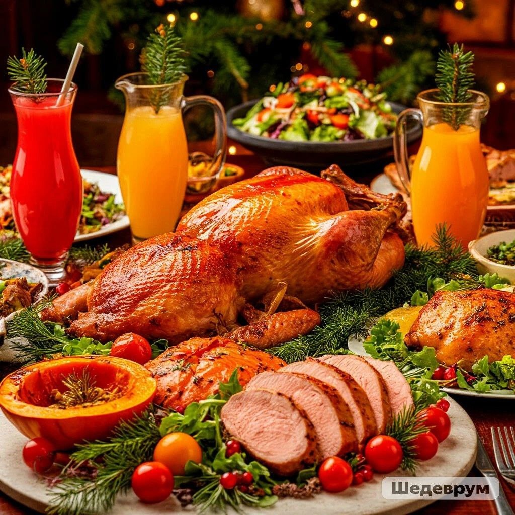 Вариант сервировки новогоднего стола в год Огненной Красной Лошади, изображение сгенерировано ИИ