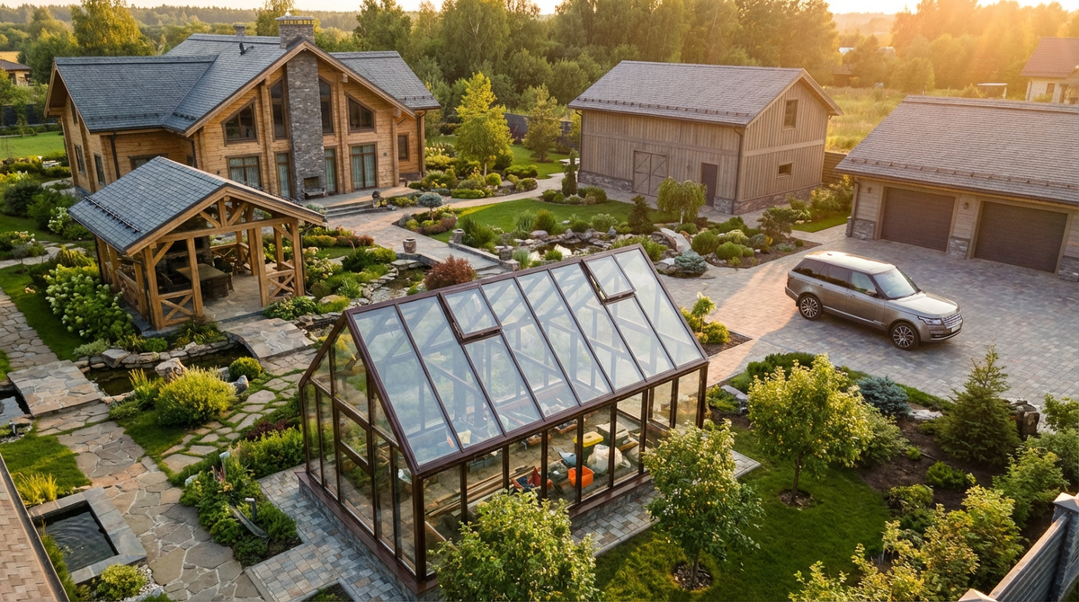 Английская теплица из стекла для загородного дома