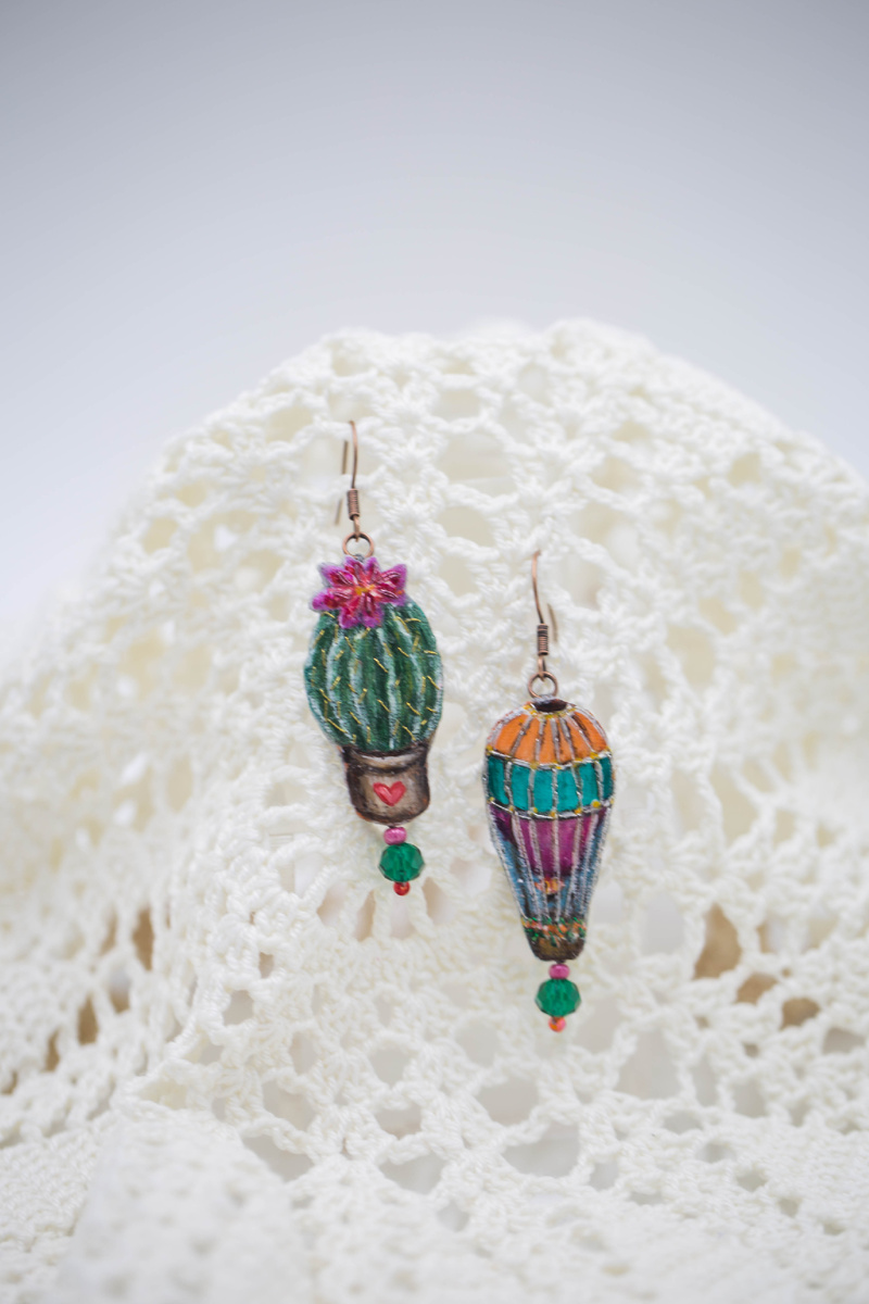 Серьги шар и кактус — ручная роспись, в подарок