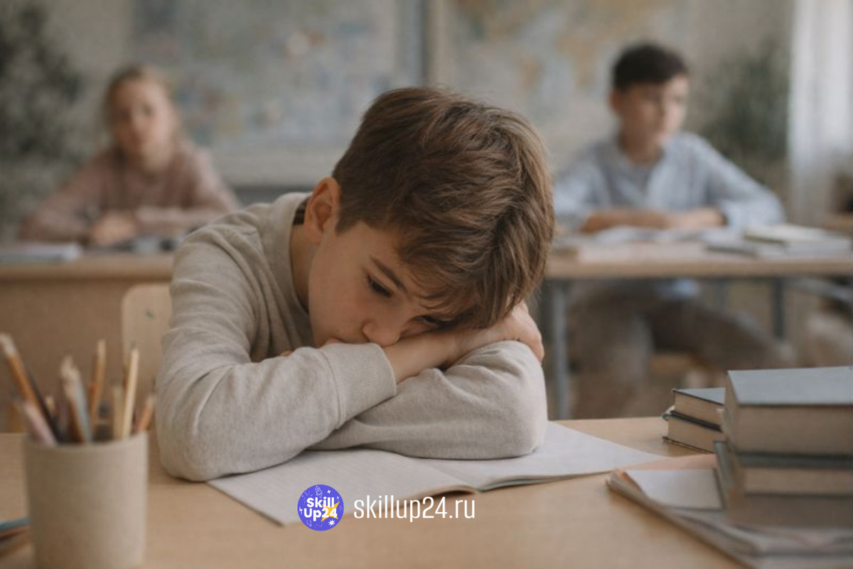 Уставший школьник за учебным столом — почему дети не хотят учиться. Онлайн-школа SkillUp24 помогает вернуть мотивацию и интерес к учёбе для учеников 1–11 классов в городах: Астрахань, Барнаул, Владимир, Владивосток, Волгоград, Воронеж, Екатеринбург, Ижевск, Иркутск, Казань, Калининград, Кемерово, Киров, Краснодар, Красноярск, Липецк, Махачкала, Москва, Набережные Челны, Нижний Новгород, Новокузнецк, Новосибирск, Омск, Оренбург, Пенза, Пермь, Ростов-на-Дону, Рязань, Самара, Санкт-Петербург, Саратов, Сочи, Томск, Тольятти, Тула, Тюмень, Уфа, Ульяновск, Хабаровск, Чебоксары, Челябинск, Ярославль. Почему дети не хотят учиться, проблемы школы 2025 2026, нет мотивации к учебе, ребенок устал от школы, школьник не хочет учиться что делать, мотивация к учебе, трудности в школе, помощь школьнику