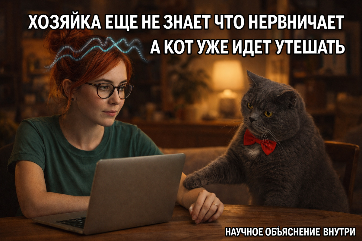 Иллюстрация создана автором с помощью нейросети специально для статьи
"Пушистый психолог диагностирует эмоциональное состояние: как коты читают наши переживания на биологическом уровне"