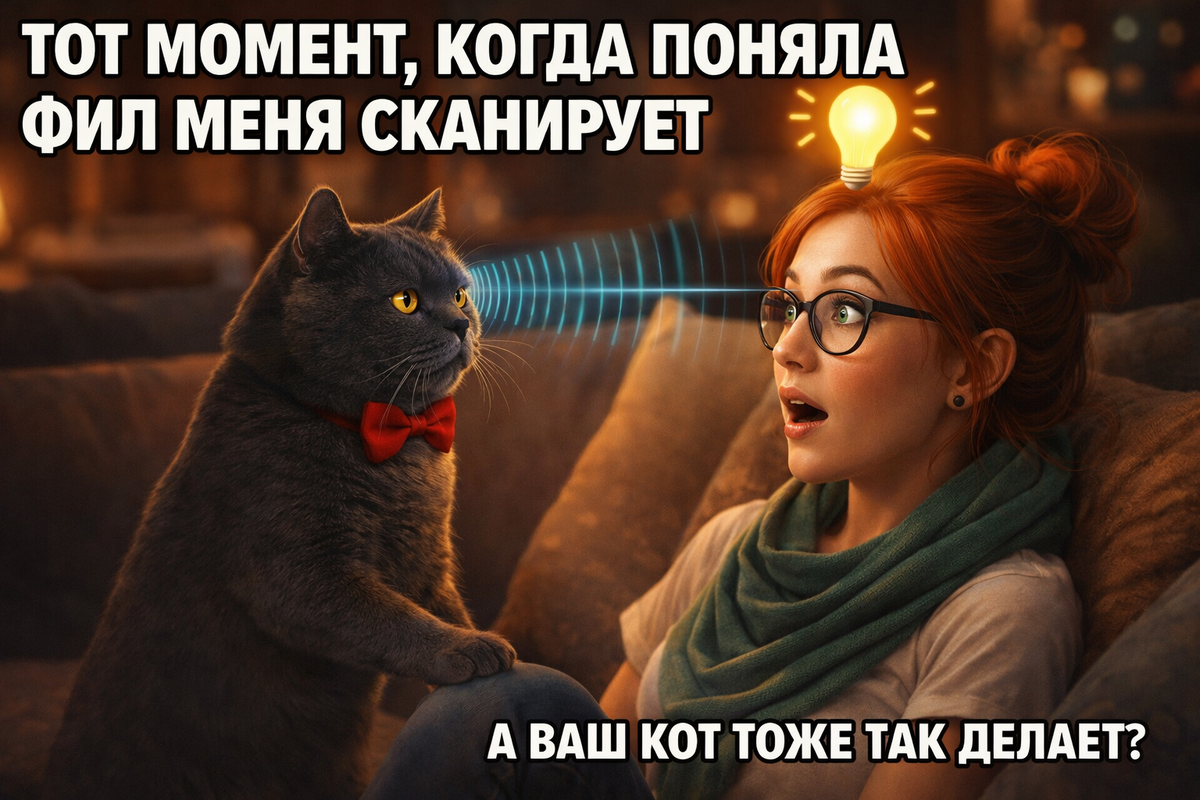 Иллюстрация создана автором с помощью нейросети специально для статьи
"Пушистый диагност проводит глубокий анализ: как коты считывают наше психологическое состояние через феромоны и мимику"