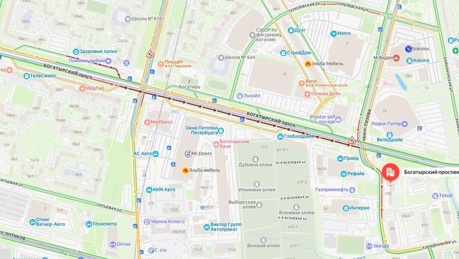    Пробки на Богатырском проспекте в Петербурге 18 декабря 2025 года Автор фото: Яндекс Карты