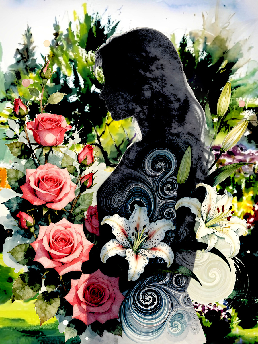 Среди цветов. Иллюстрация создана с помощью нейросети Flux Schnell и программы Photoshop.