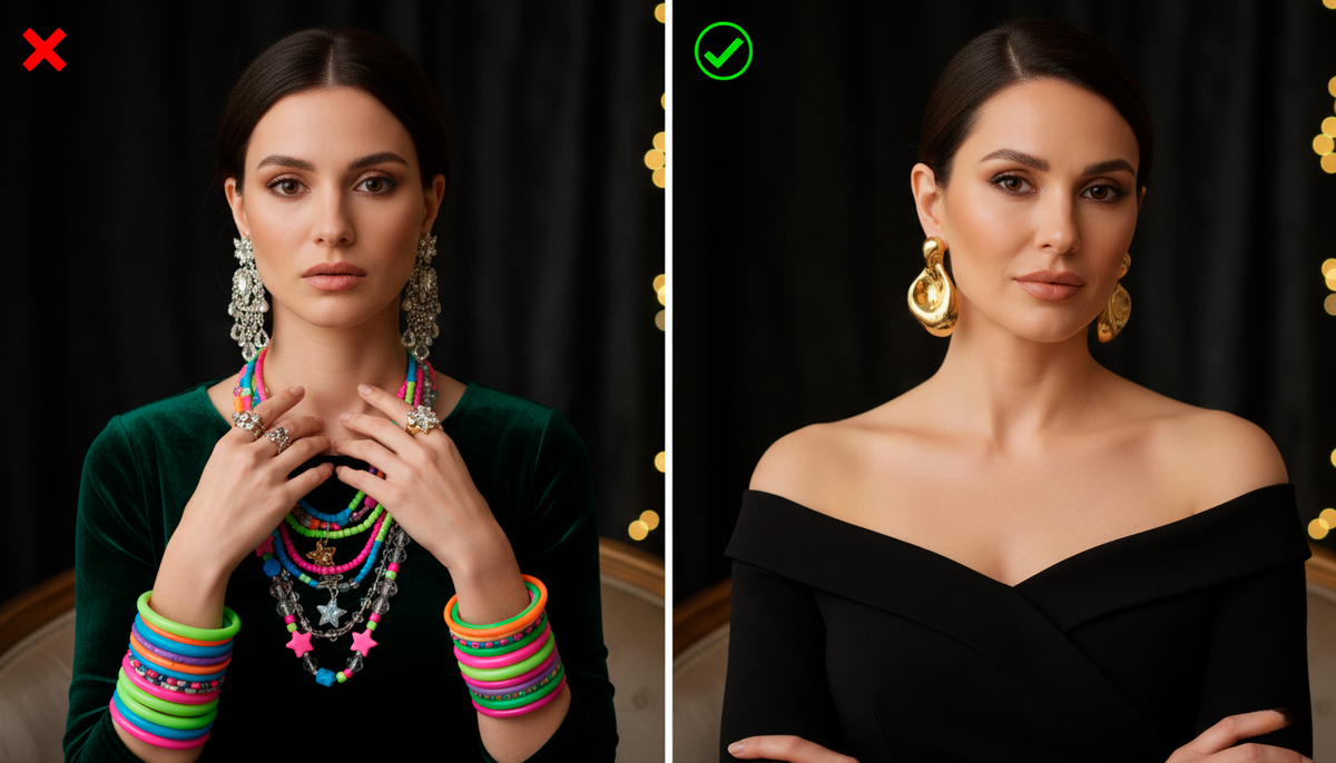 Слева — «витрина ломбарда», которая старит. Справа — одна деталь, которая делает образ дорогим.