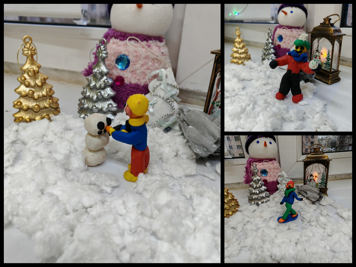 На фоне новогодней композиции на подоконнике