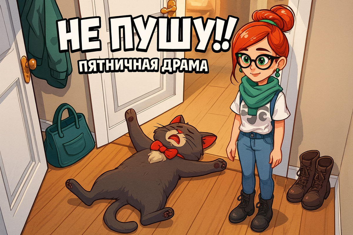 Иллюстрация создана автором с помощью нейросети специально для статьи
"Британский кот устроил пятничную драму и заблокировал выход: театральная поза на пороге против рабочего дня"