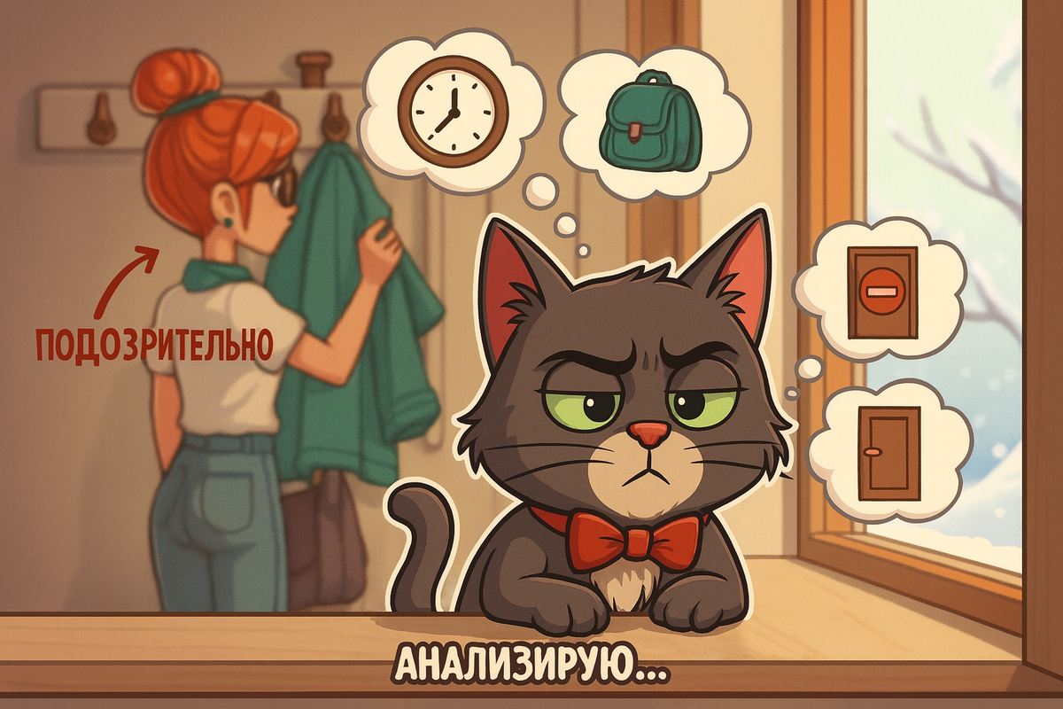 Иллюстрация создана автором с помощью нейросети специально для статьи
"Момент, когда кот понимает планы хозяйки: от спокойного наблюдения до полной концентрации всех чувств"