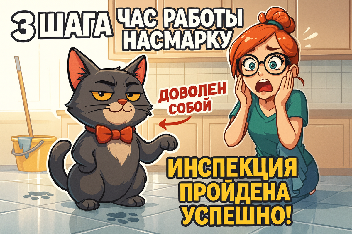 Иллюстрация создана автором с помощью нейросети специально для статьи
"Главный домашний инспектор проверяет качество уборки: пол действительно мокрый, работа выполнена на отлично! Результаты проверки - отпечатки лап"