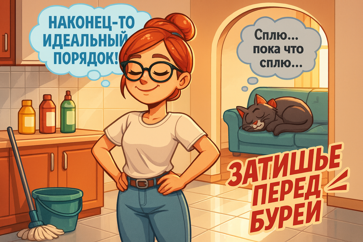 Иллюстрация создана автором с помощью нейросети специально для статьи
"Домашний мастер-класс по достижению идеальной чистоты: как создать зеркальный блеск пола и почему стоит насторожиться, когда кот ведет себя слишком тихо"