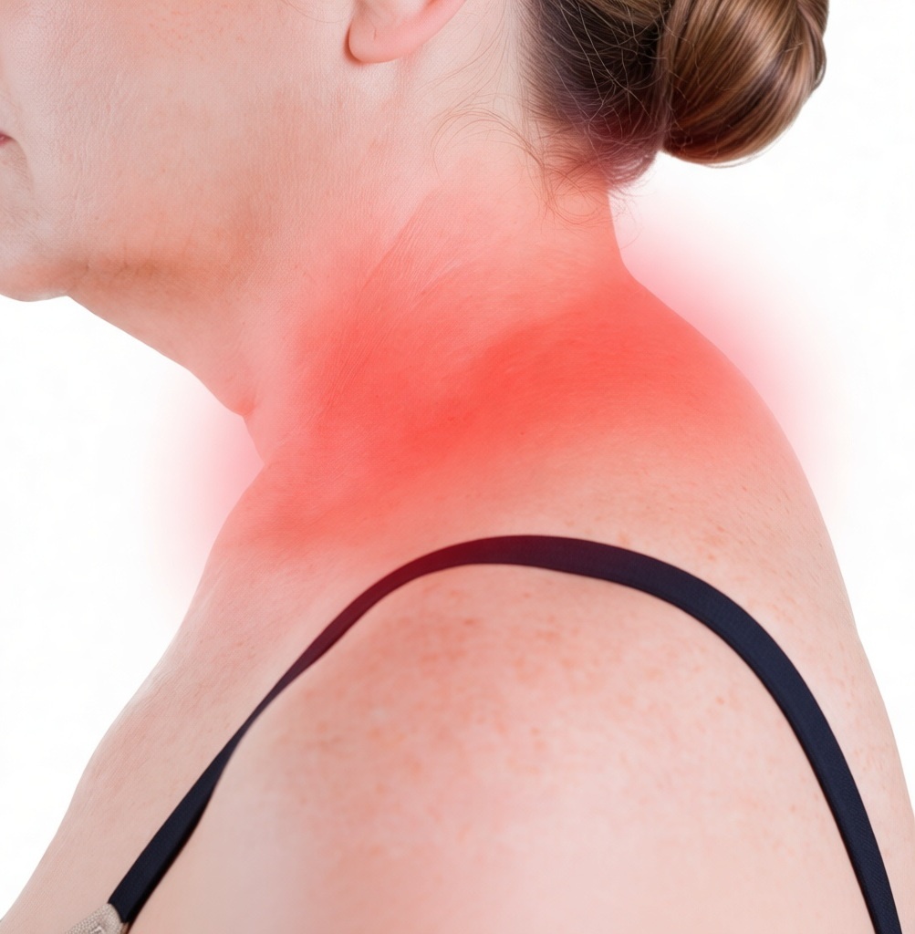 Голова выдвинута вперёд (в излишней протракции). Сам горб называется "холка" или "вдовий горбик"