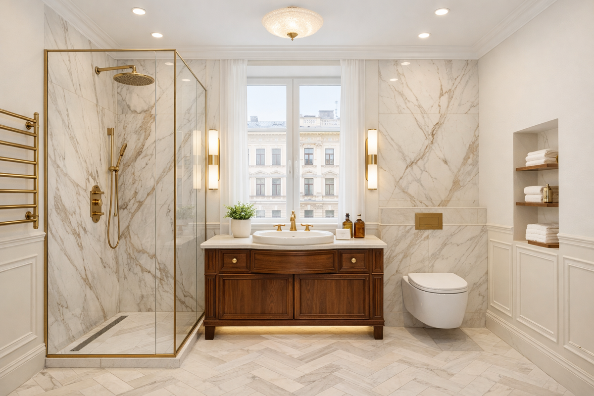 Неоклассическая ванная в историческом фонде СПб: мрамор, латунь и свет, как в отеле 5★