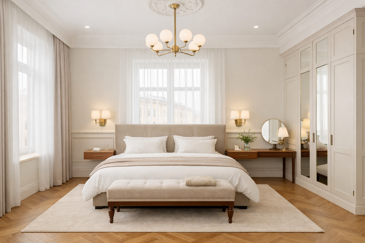 Спальня неоклассика в историческом фонде СПб: лепнина, «французская ёлка» и тишина белых ночей