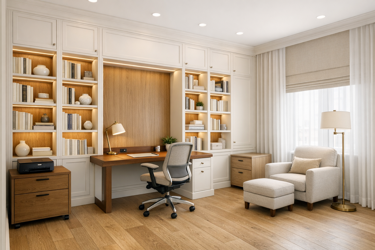 Кабинет в современной классике: библиотека до потолка, тёплый дуб и идеальный свет для продуктивности