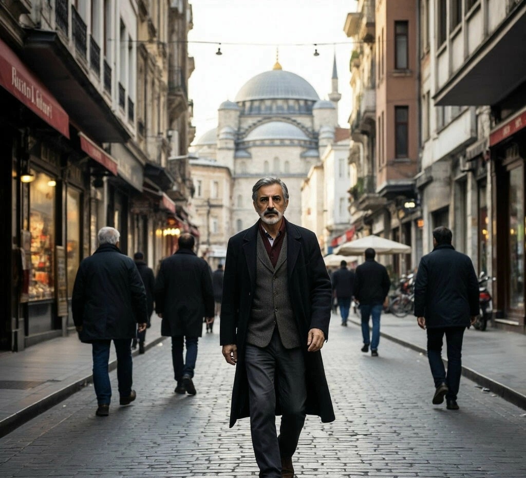 Тургут Уяр идёт по старым улочкам Стамбула. Изображение выполнено при помощи ИИ.