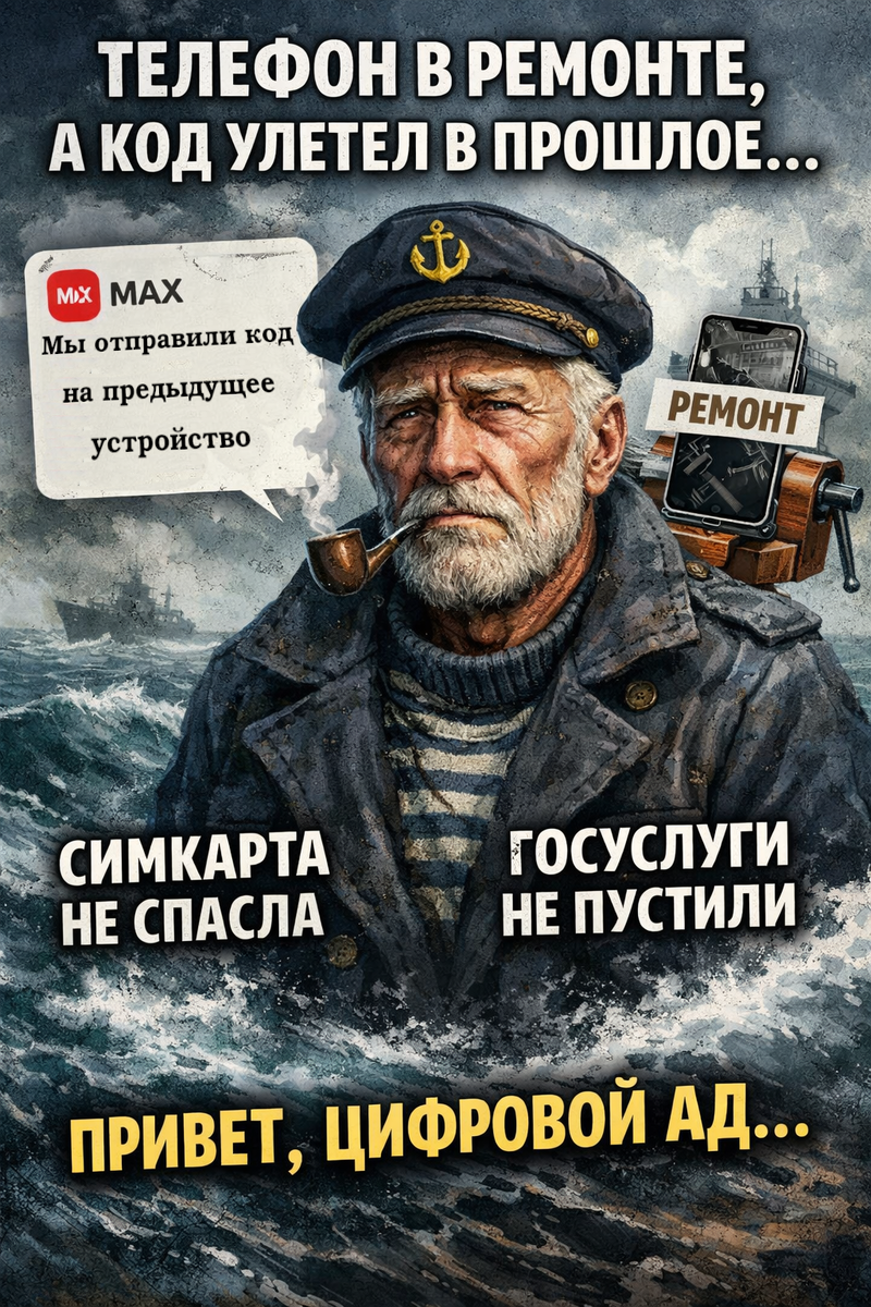 Старый моряк видел шторма, мели и штиль длиною в жизнь.
Но когда код из Госуслуг улетел в MAX на телефон, который лежит в ремонте,
он понял – море было честнее.

Симкарта при нём. Паспорт при нём. А доступа нет.
Добро пожаловать в цифровой ад.
