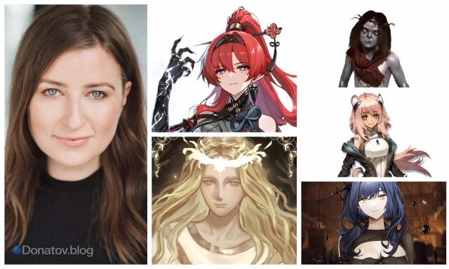    Коллаж с актрисой английского дубляжа Наоми МакДональд и озвученными ею персонажами игр