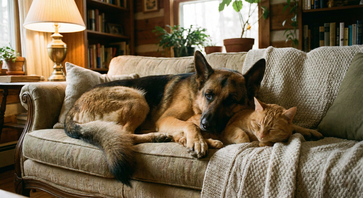 На уютном мягком диване в тёплой домашней обстановке лежат вместе немецкая овчарка и рыжий кот. Овчарка заботливо прижимается мордой к коту, а кот спокойно дремлет, свернувшись клубочком. Вокруг — детали уюта: вязаный плед, полки с книгами, комнатные растения и лампа, наполняющая помещение мягким светом. Фото передаёт атмосферу покоя, доверия и уюта — идеальный пример гармонии и дружбы между домашними питомцами.