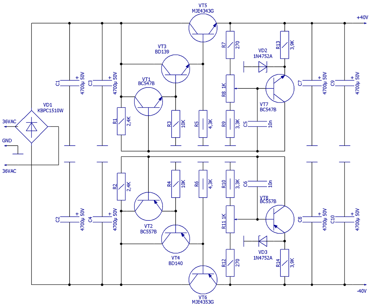 Схема электрическая принципиальная стабилизированного БП ±40 В для усилителя
