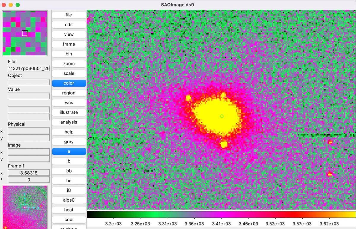 DS9: изображение 3I/ATLAS, обработанное в DS9 с самой яркой комой в желтом (8 декабря 2025 года)