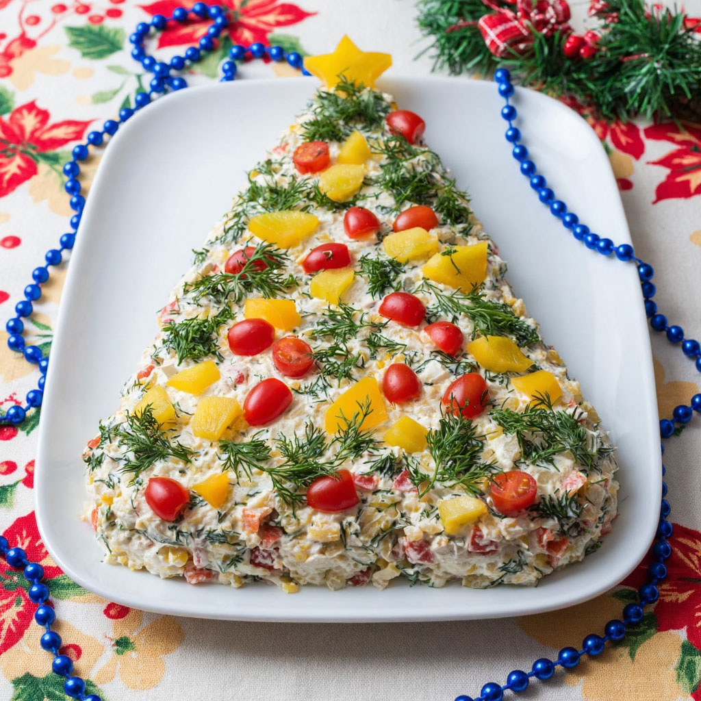 Салат «Новогодняя ёлка» из жареных грибов с сыром и яйцом: праздничное блюдо с детским участием.