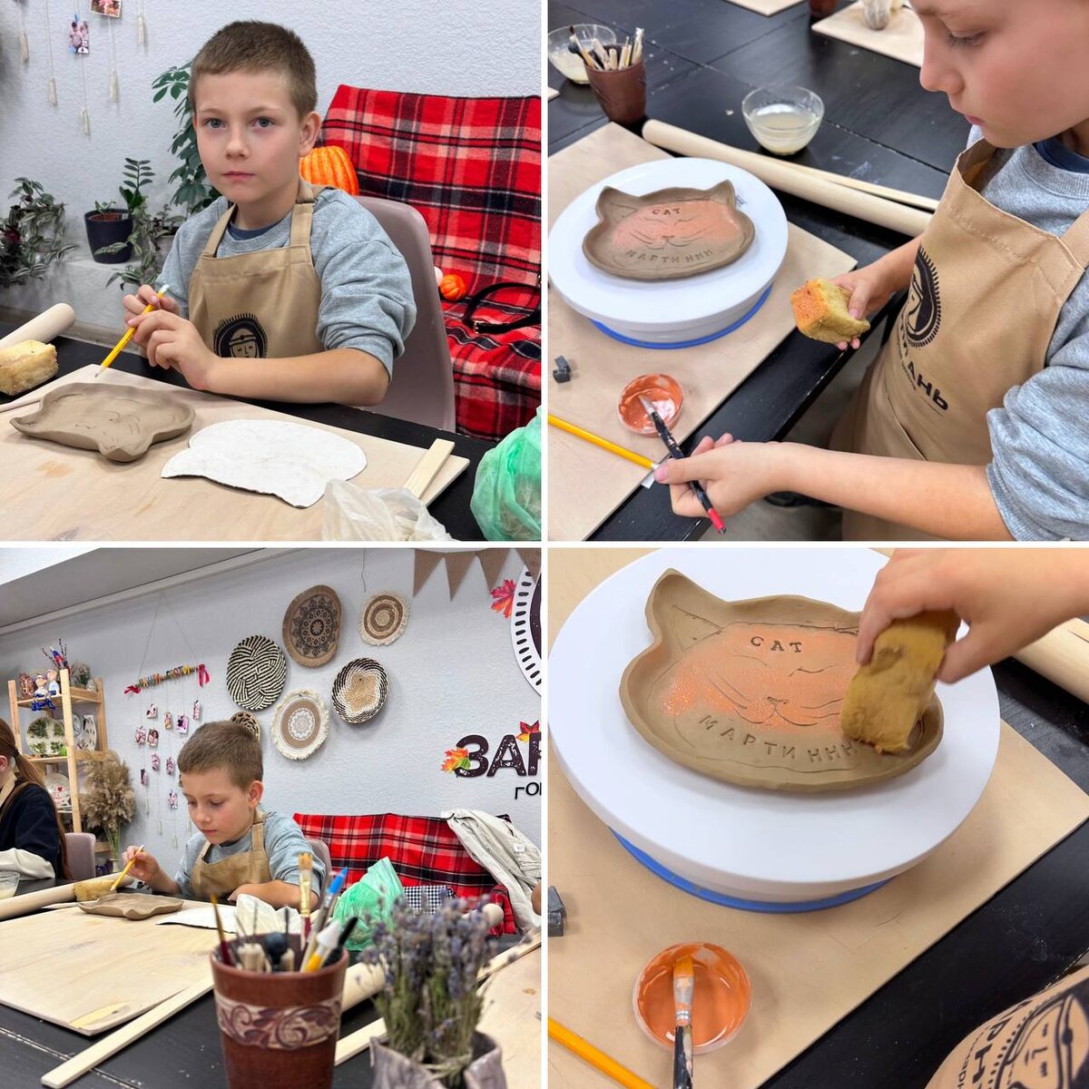 Вот так выглядит сам процесс. Даня своими руками вылепил форму и раскрасил ее. Мы записались на бесплатный мастер-класс. На нем можно липить что что тебе хочется, но если хочешь раскрасить свое изделие, обжечь и забрать, то необходимо заплатить.