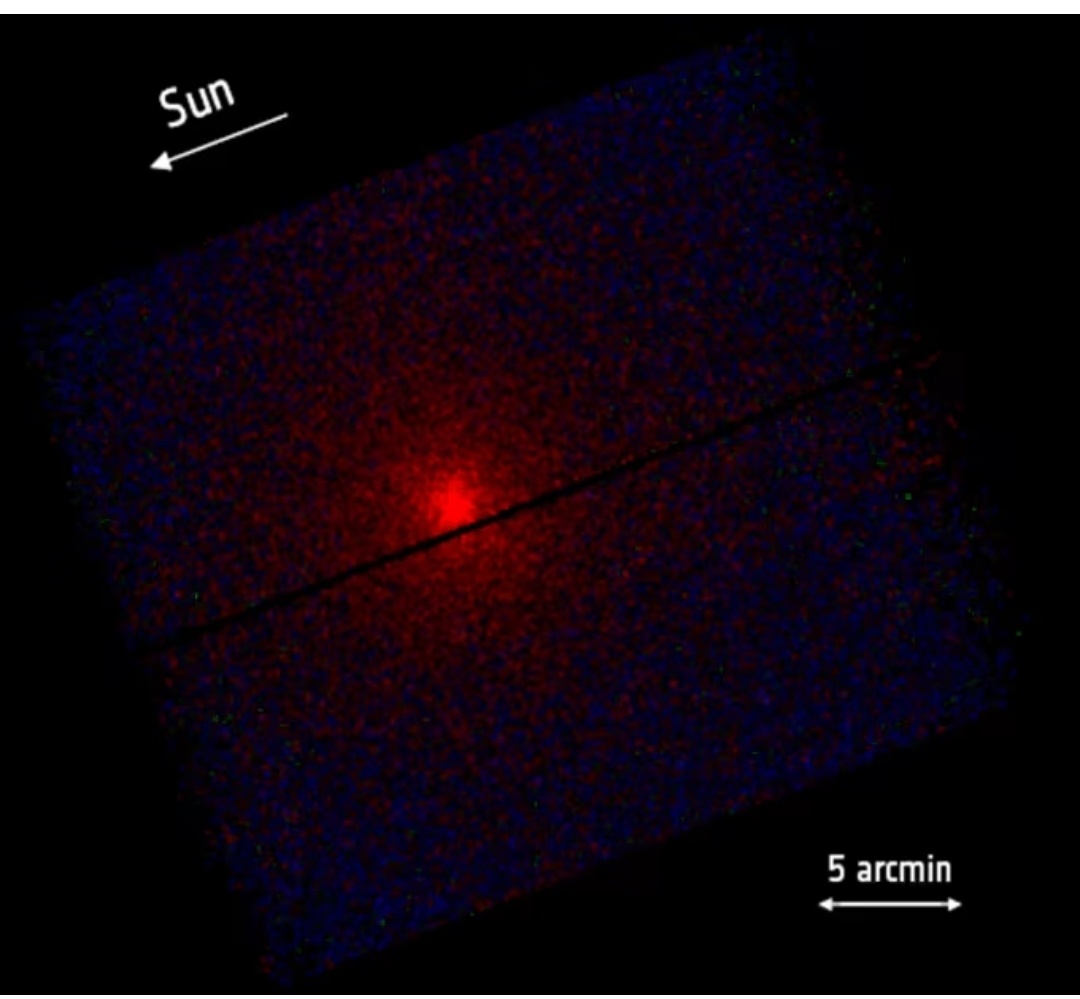 3 декабря обсерватория XMM-Newton зафиксировала красное рентгеновское свечение вокруг межзвездной кометы. ESA/XMM-Newton/C. Lisse; S. Cabot и команда XMM ISO