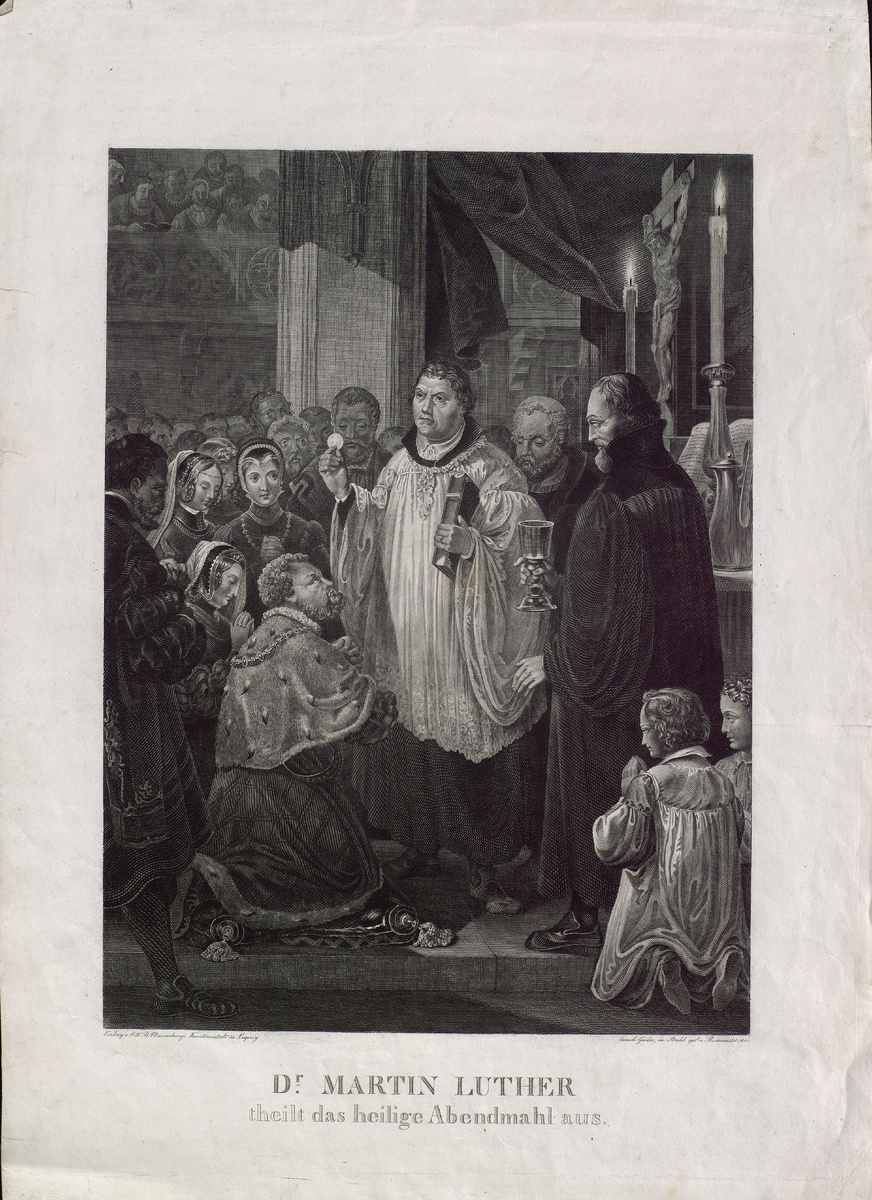 Лютер причащает князей
Гравер Ф. Росмеслер по оригиналу Х. Г. Г. Гейслера
Лейпциг. 1846 г.
Бумага, оттиск по стали, резец. 50 × 46 см
Из коллекции Государственного музея истории религии
