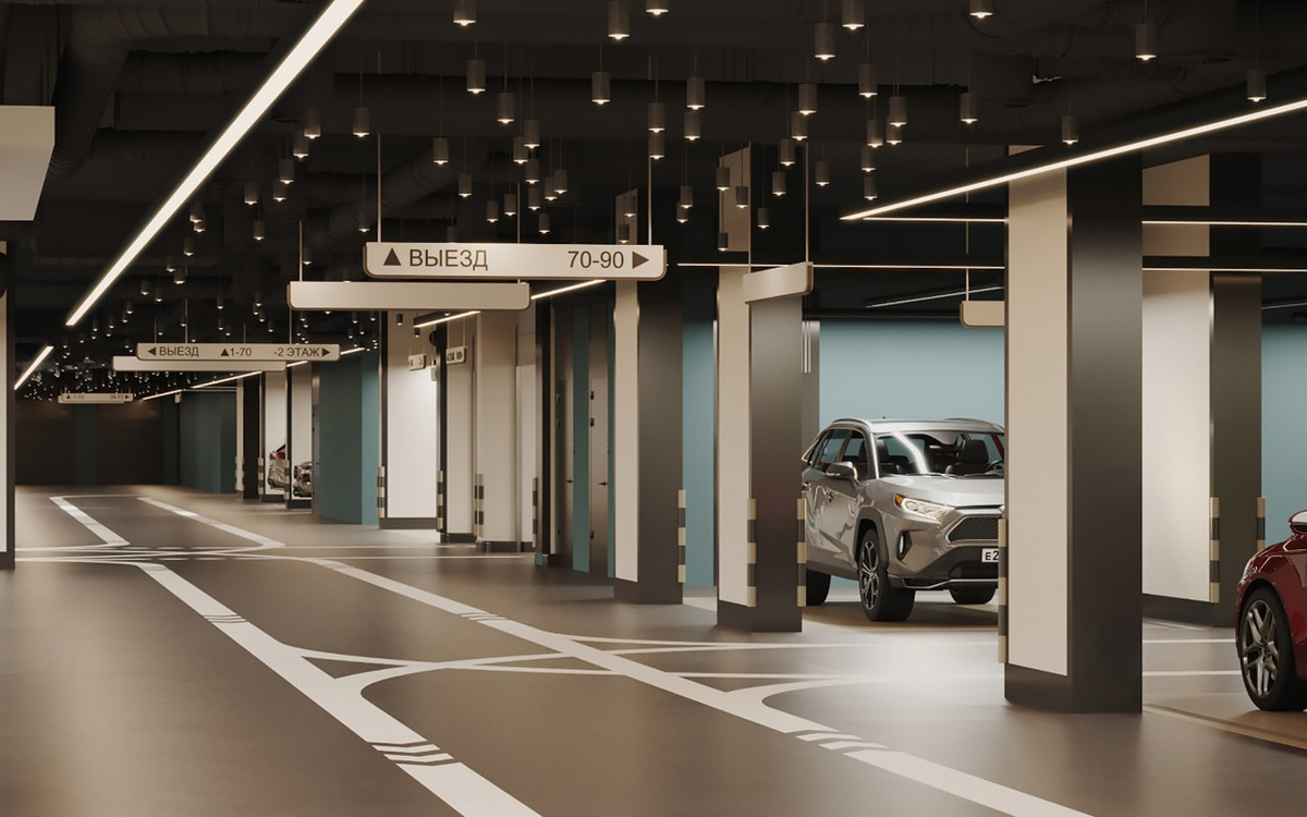 На потолке паркинга дома «Лаврушинский» сотни светильников зажглись подобно звездам в ночном небе. Создается ощущение, что автомобили припаркованы на улице, а где-то неподалеку плещется море