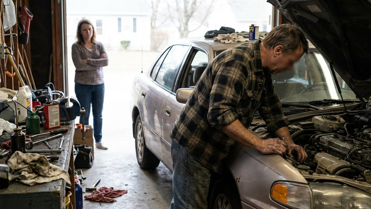 Момент, когда Лена пытается достучаться до мужа, а он продолжает игнорировать проблемы с автомобилем. Типичная семейная сцена, знакомая многим.