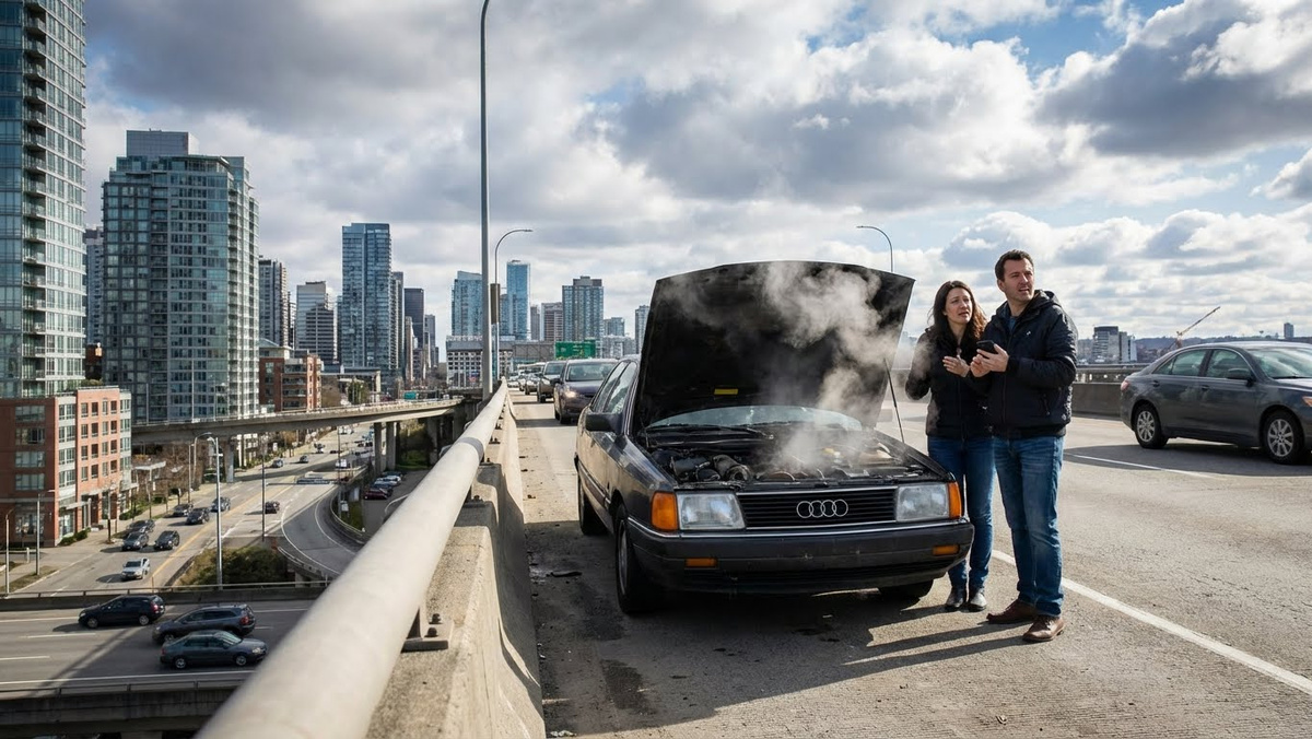 Кульминационный момент — машина сломалась в самый неподходящий момент. Пар из-под капота символизирует последствия пренебрежительного отношения к техническому обслуживанию