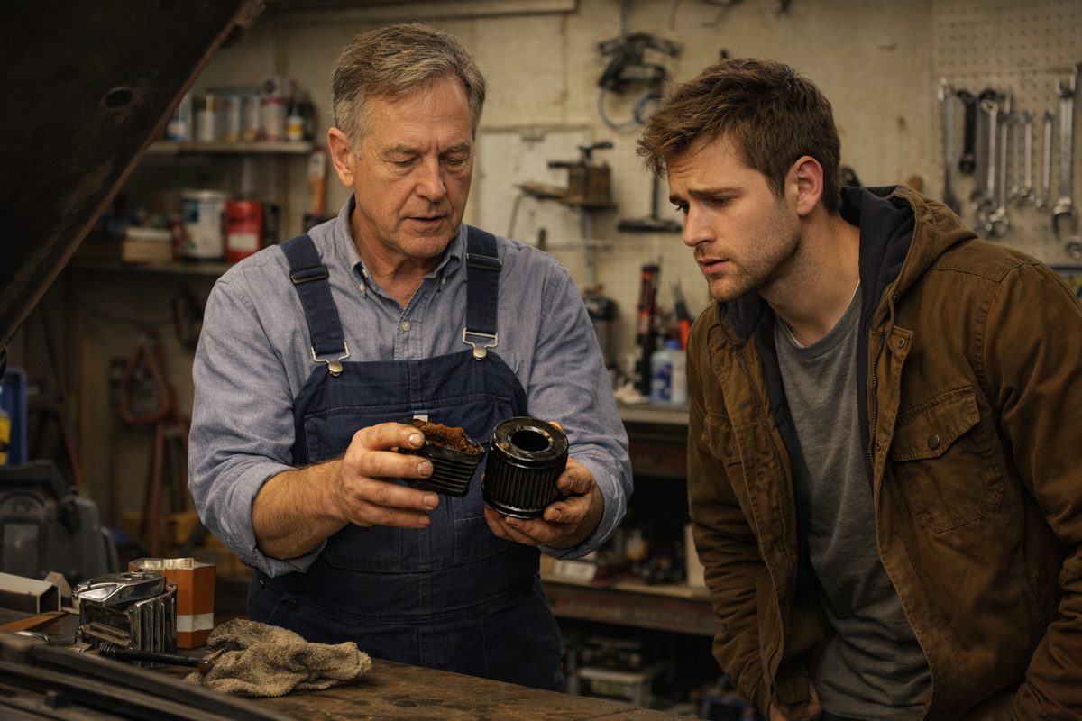 Отец показывает сыну забитый масляный фильтр — урок, который не забудется