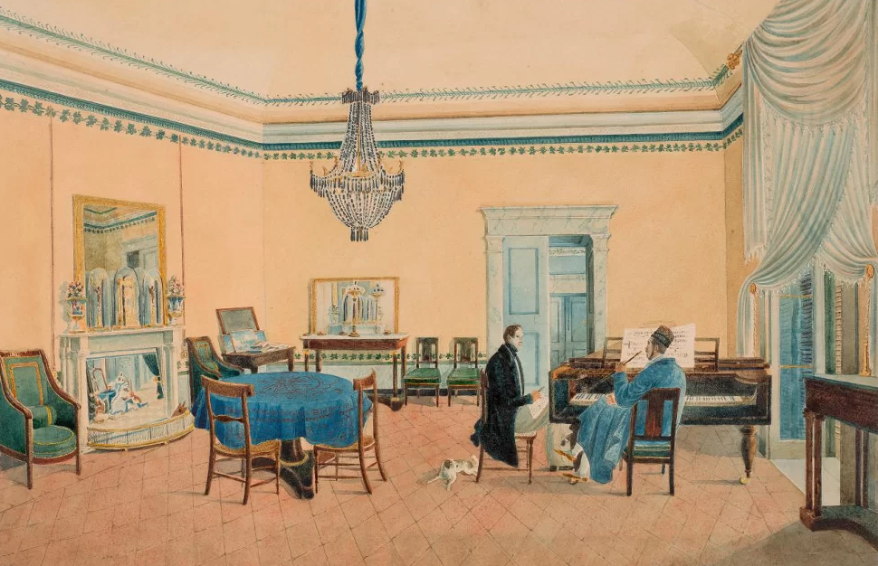 Гостиная с двумя мужскими фигурами у рояля в неизвестном особняке. Неизвестный художник. 1830-1840-е гг.