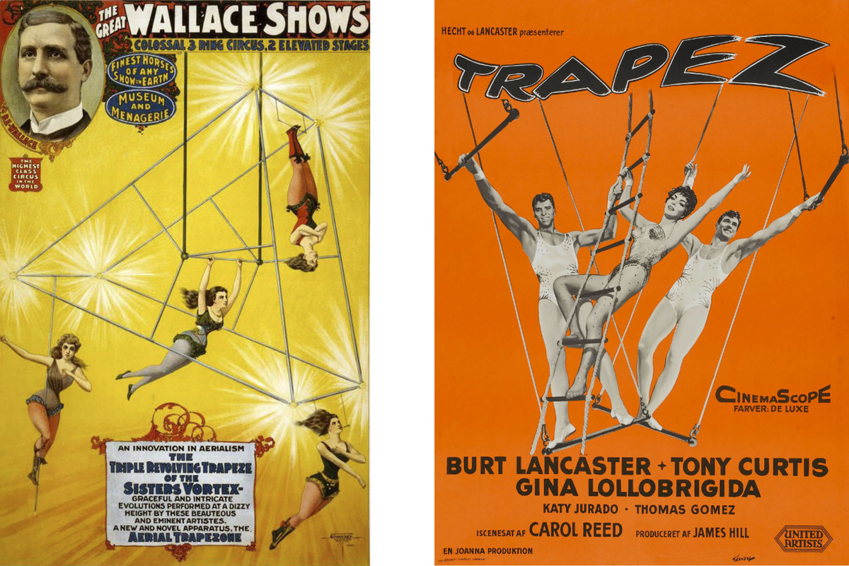 Винтажная цирковая афиша, фото ru.pinterest.com, постер фильма "Трапеция" (1956 г.) с Джиной Лолобриджидой, Бертом Ланкастером и Тони Кертисом в главных ролях, фото Кинопоиск