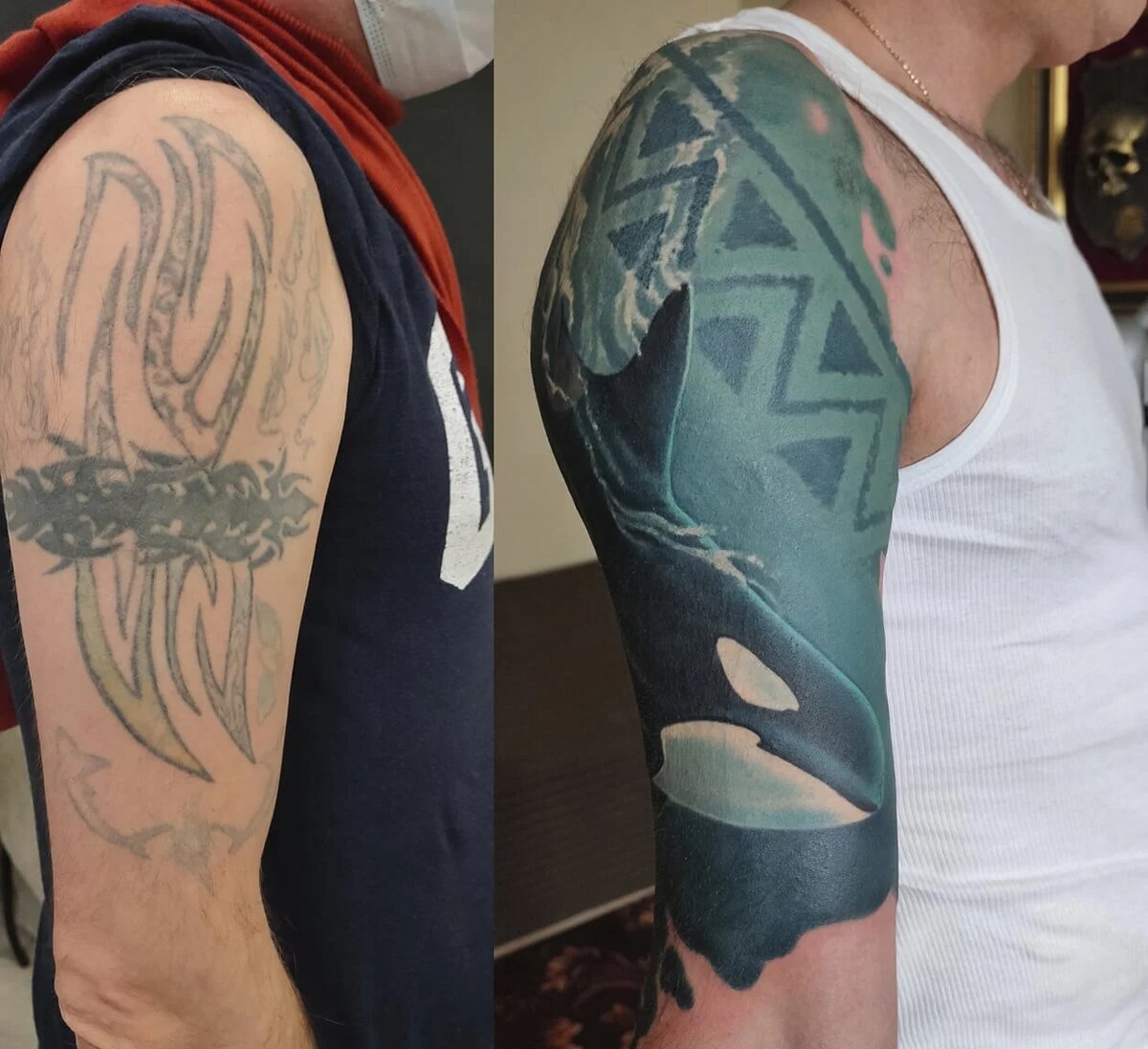 Перекрытие татуировки на плече. Cover UP