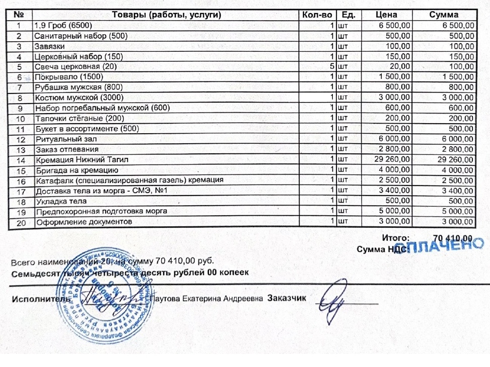 Фото: Счёт-заказ на обряд/ предоставлен читательницей