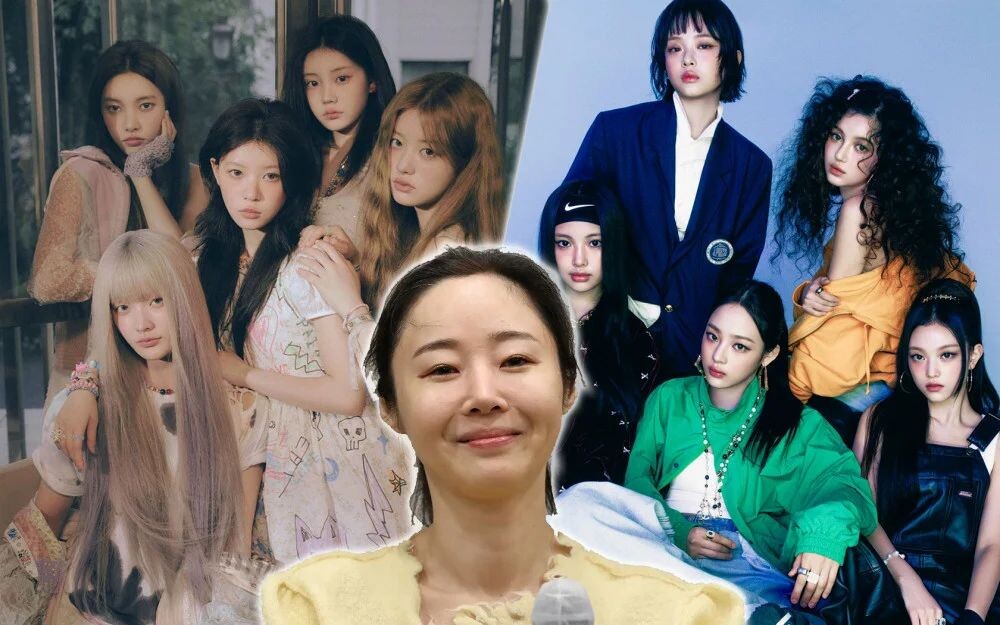   ILLIT (слева), NewJeans (справа) и Мин Хи Джин (по центру) / Фото: allkpop.com