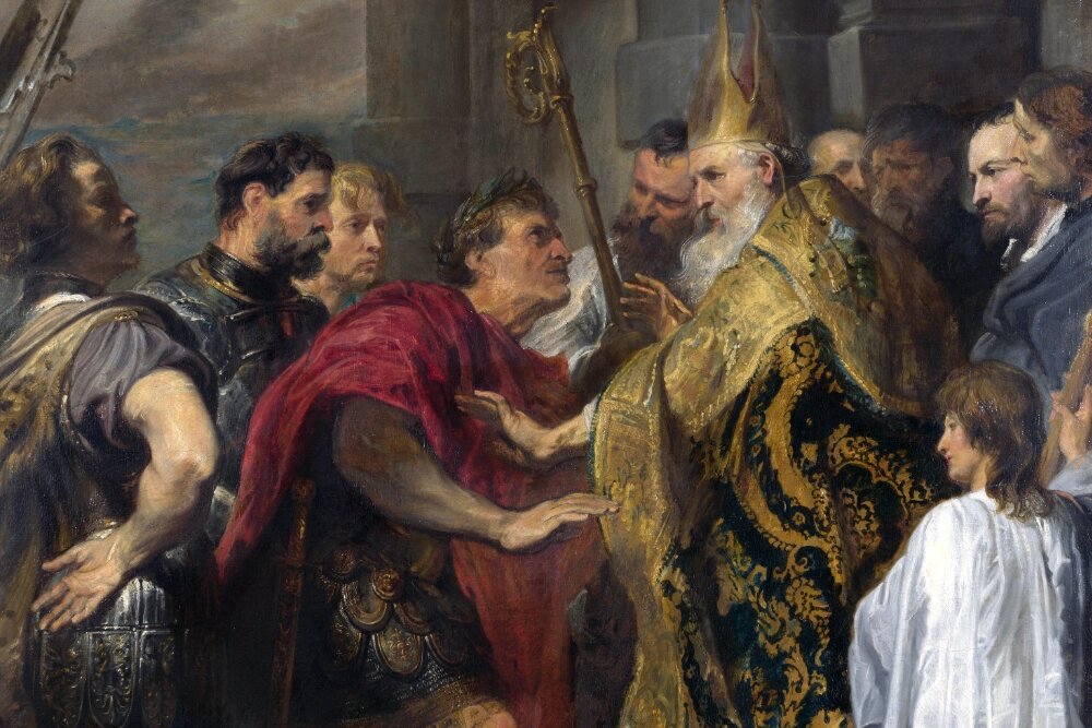    «Святой Амвросий, изгнавший Феодосия из Миланского собора» — картина Энтониса ван Дейка 1619–1620 годов. Фото: Commons.wikimedia.org