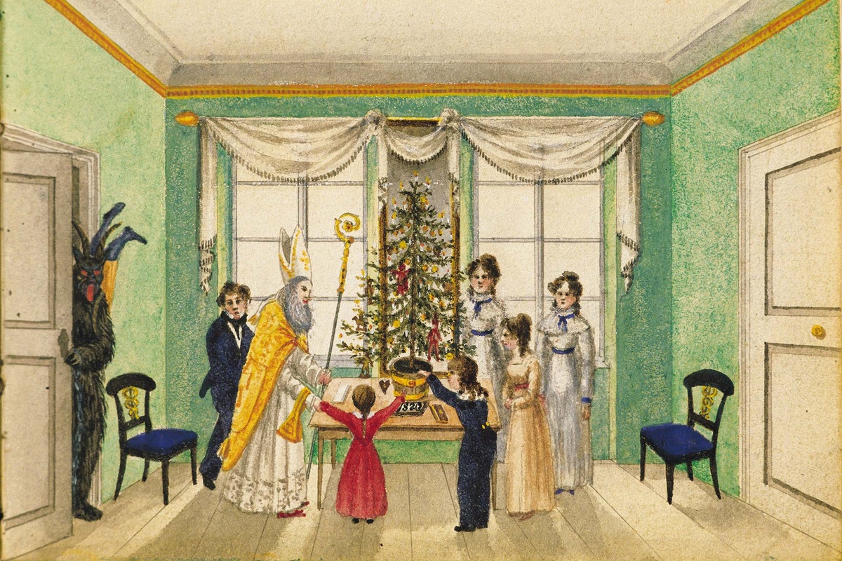    Рождественская вечеринка с Святым Николаем, куда заглянул и Крампус (книга памяти семьи Бауманн, венской купеческой семьи),  около 1820 года